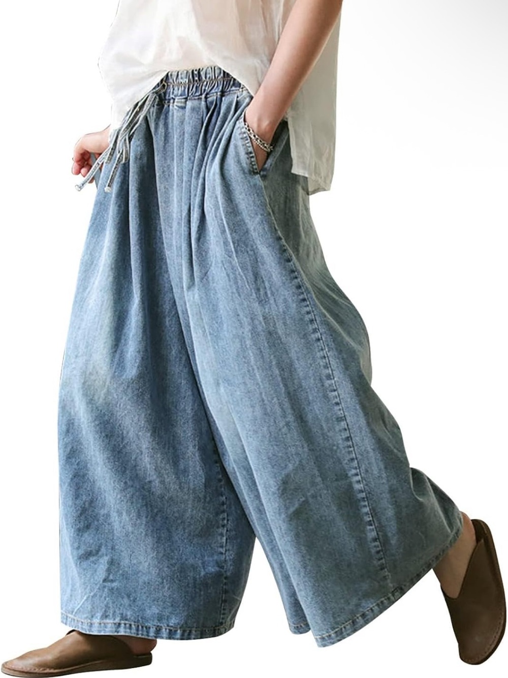 Wide-Leg Light Blue Denim A-Line Skirt